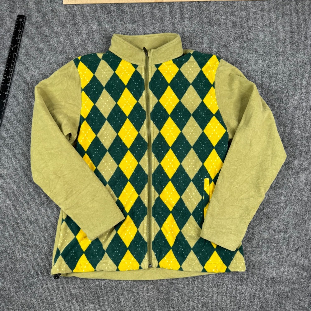 Sun Mountain Fleece Jacket Womens L Green Yellow Argyle Full Zip Golf Mock Neck